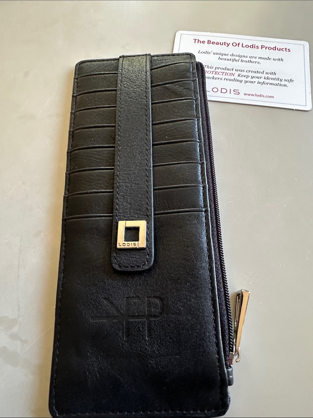 Lodis Black Leather Zip Wallet with Gold Accent